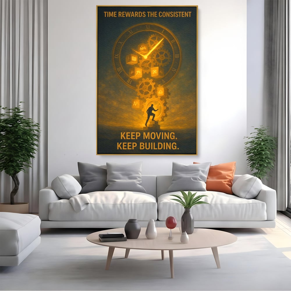 Tablou canvas cu ilustratie motivationala cu ceas si angrenaje, in rama de aluminiu auriu, pe perete intr-un living